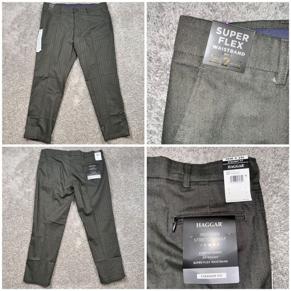 Haggar Modern Stretch Pant Mens Straight Herringbone Green 38x29 NEW